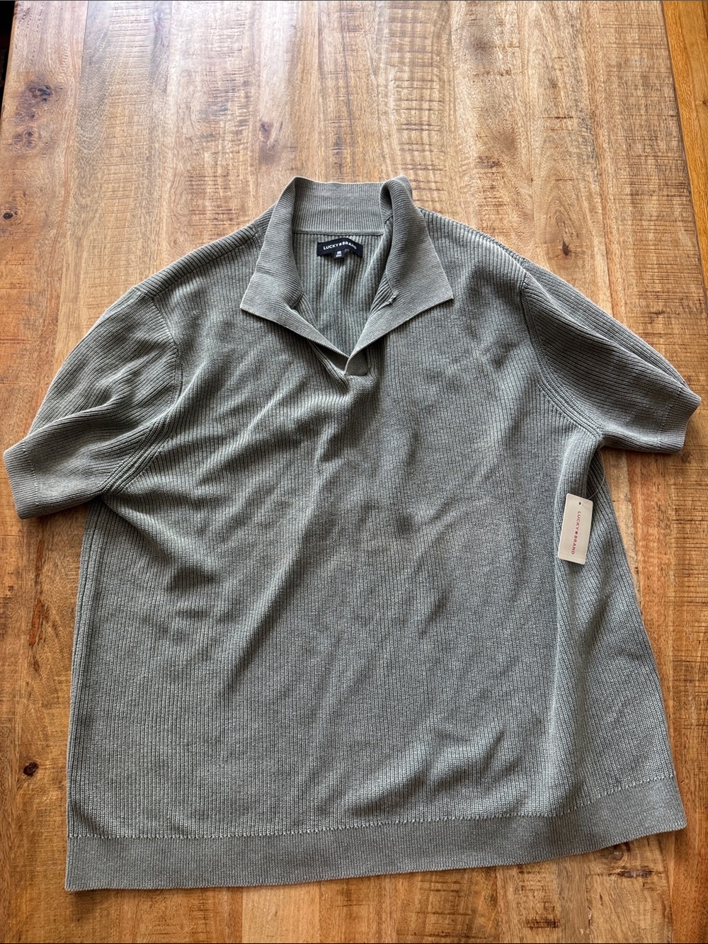 LUCKY BRAND Men's Short-Sleeve ribbed cotton and linen blend Polo in Olive Green